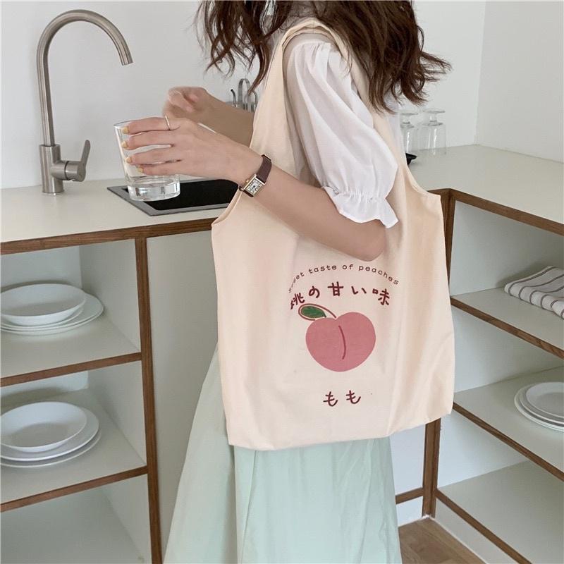 Túi vải tote canvas đeo vai in hoạ tiết quả đào dày dặn thời trang nữ Lae Store