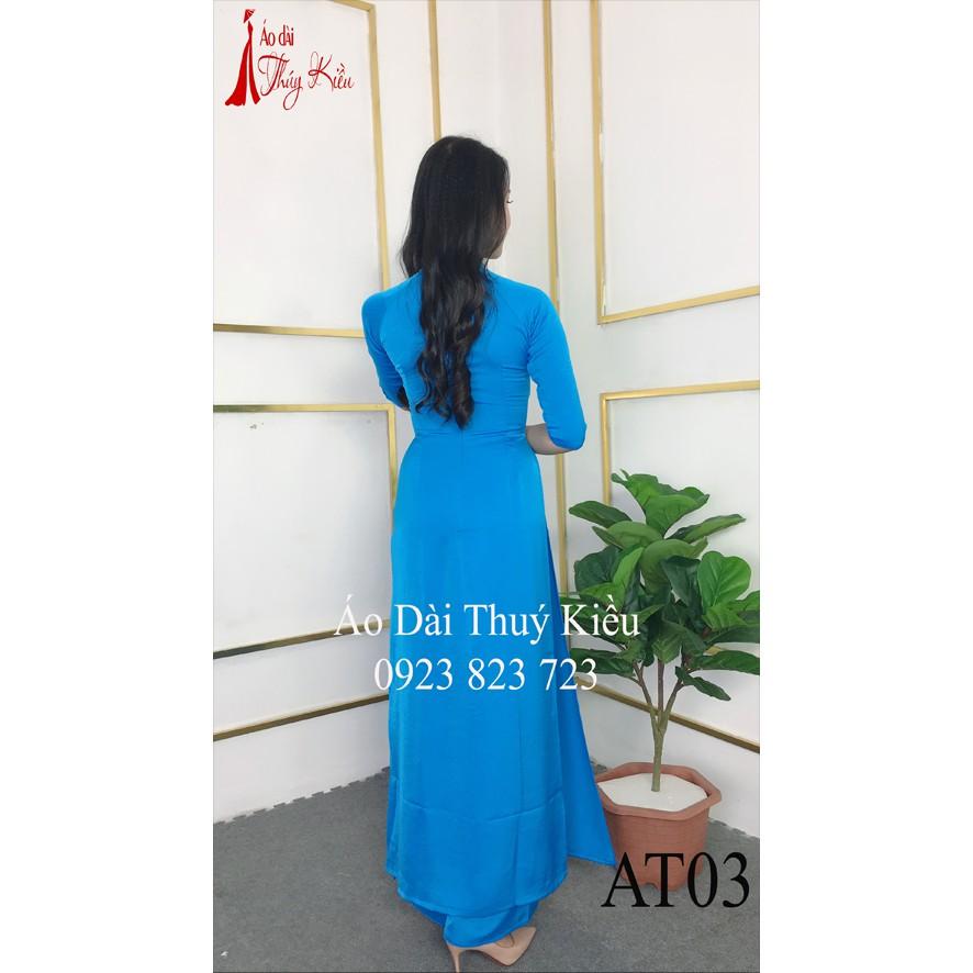 Áo dài Thúy Kiều trơn lụa Tây Thi cổ tàu màu xanh nước biển AT03