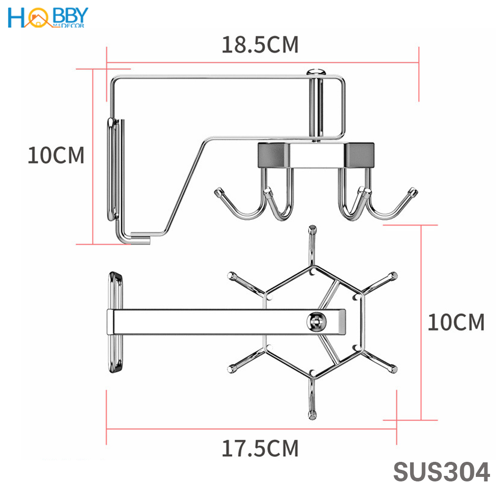 Giá móc treo muỗng vá xoay 360 độ HOBBY Home Decor MX6S dán tường gạch men - kèm 6 móc treo - chuẩn Inox 304