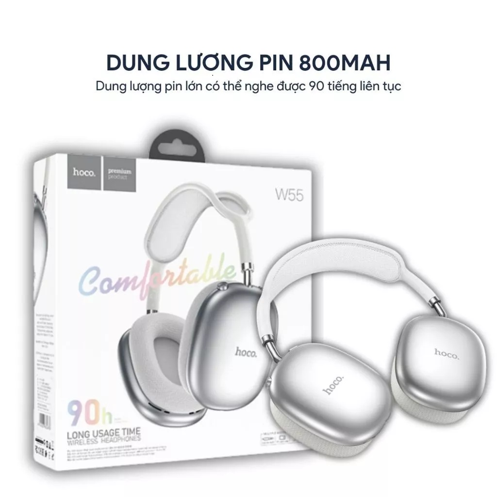 Tai nghe chụp tai Bluetooth V5.4 Hoco W55 phiên bản 90h có mic đàm thoại hỗ trợ khe cắm thẻ nhớ,cổng AUX, nghe nhạc (màu đen) - Hàng chính hãng