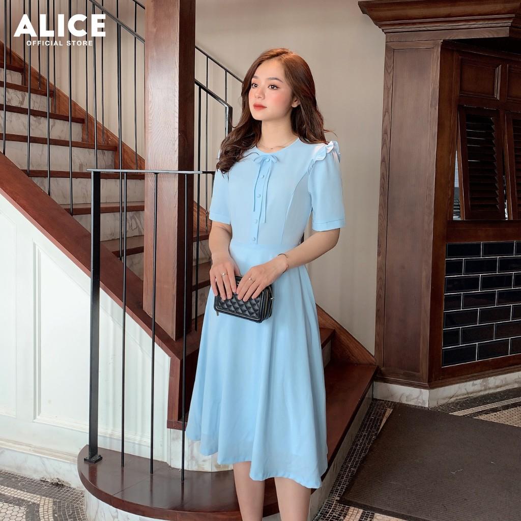 Váy Nữ Công Sở Dẹp ALICE Thiết Kế Dáng Xòe Tay Ngằn Bèo Vai Phối Nơ Ngực Cúc Bọc V274
