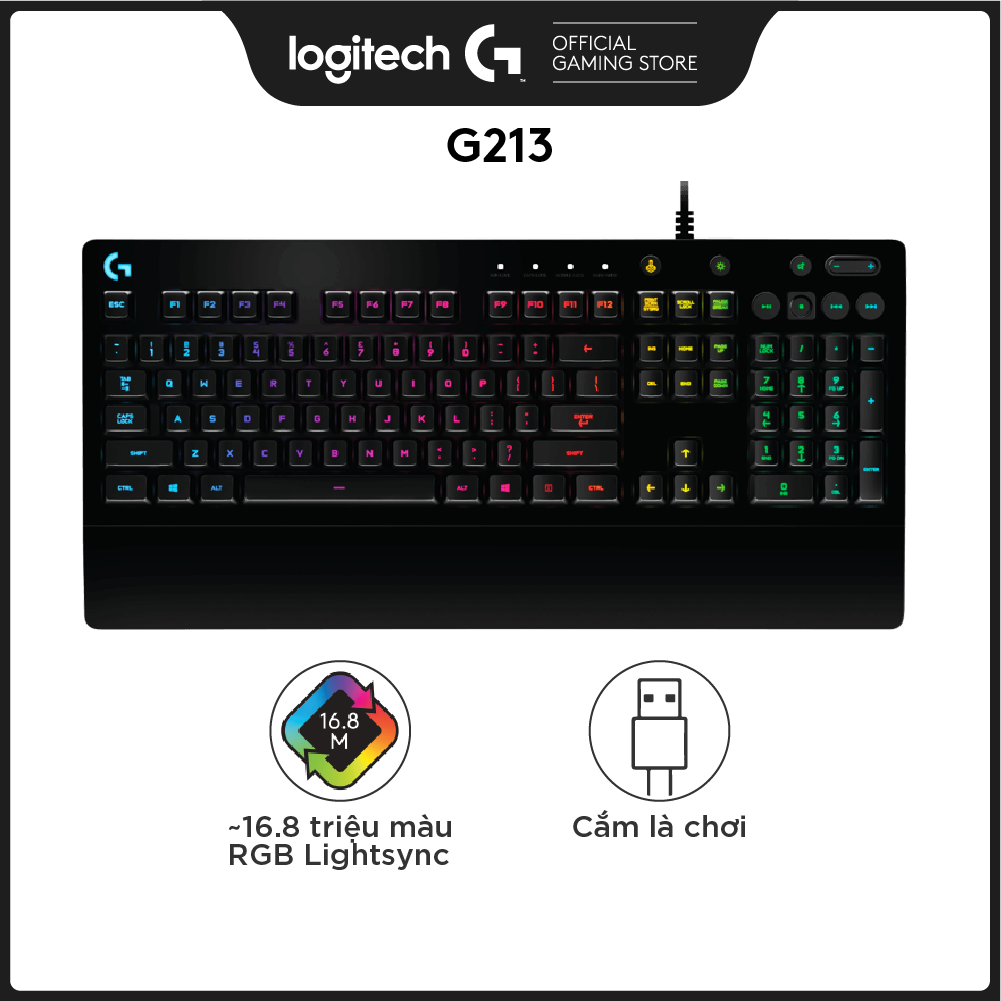 Bàn phím game có dây Logitech G213 Prodigy - RGB Lightsync, phím Media chuyên biệt, chống tràn bền bỉ -Hàng Chính Hãng