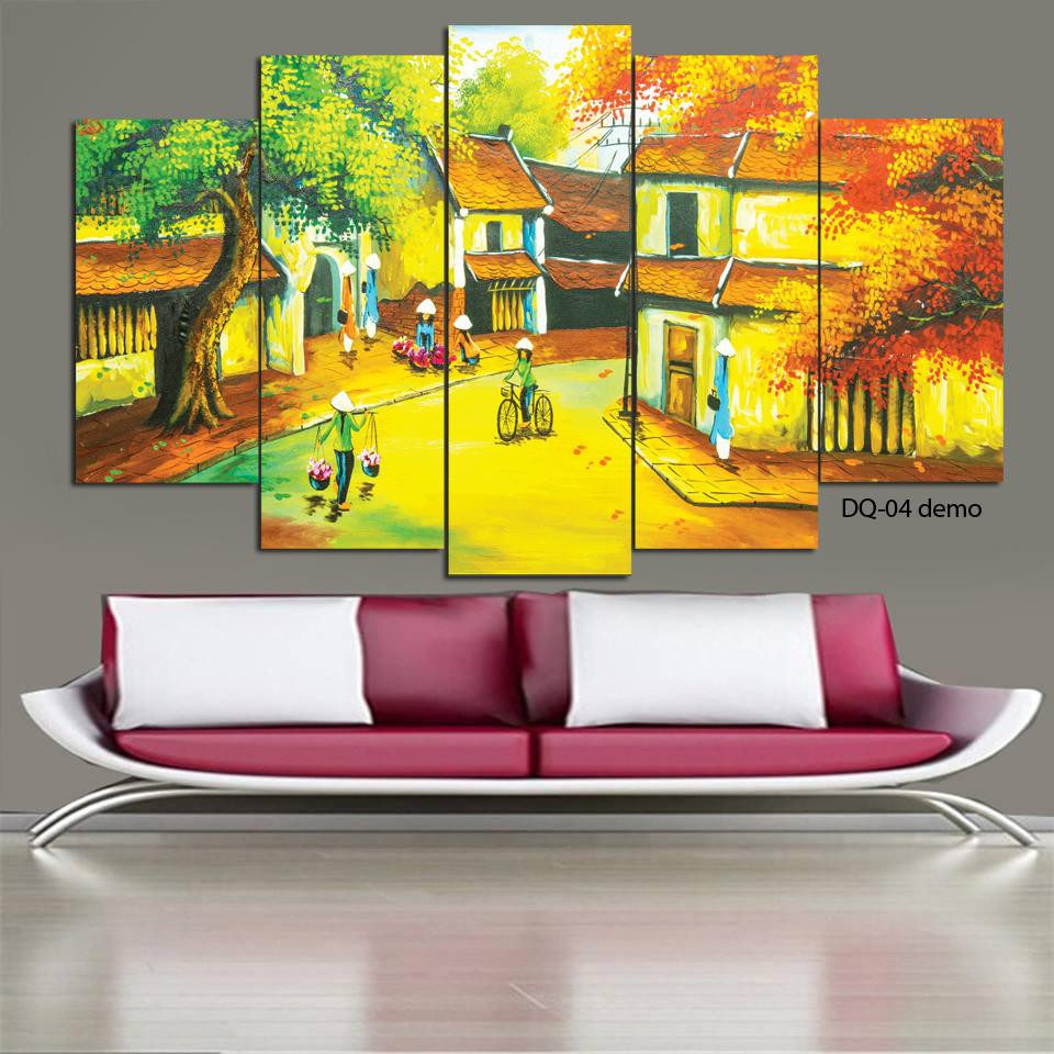 Bộ 5 tấm tranh treo tường Đồng Quê DQ-04 /Gỗ nhập khẩu Hàn Quốc-Bo viền,chống lóa,ẩm mốc,mối mọt