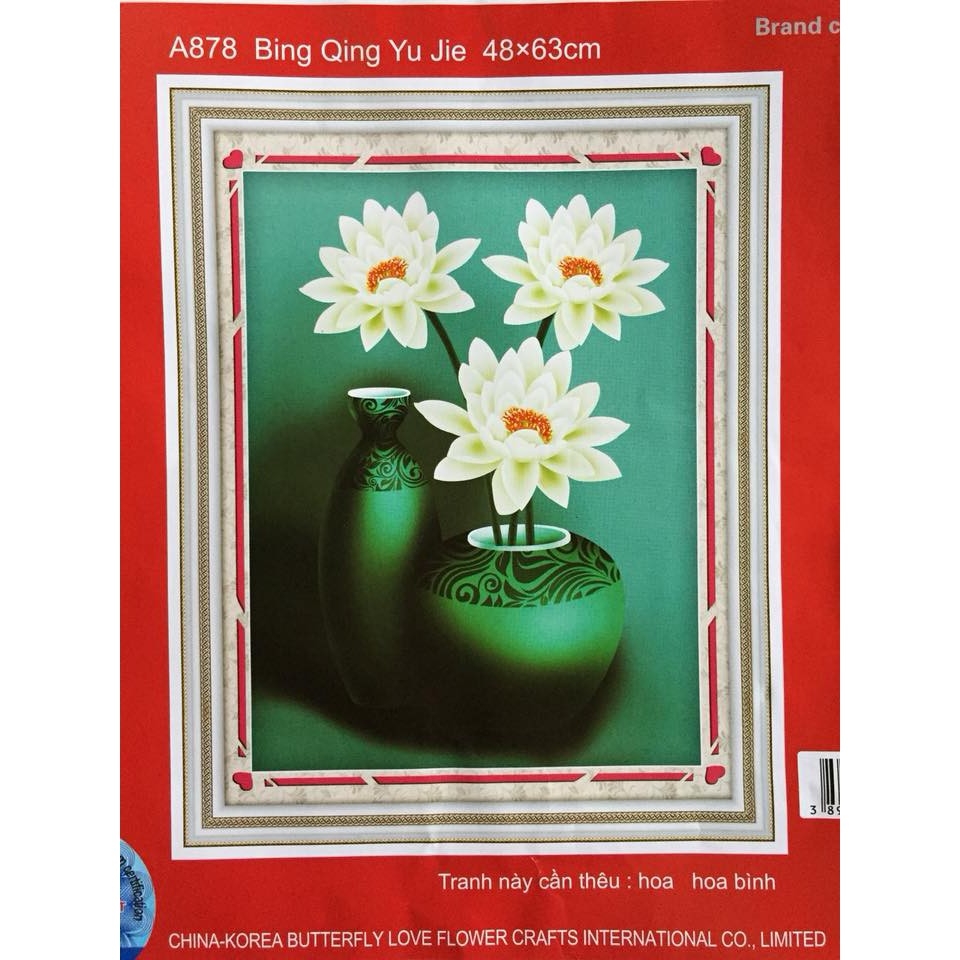 Tranh thêu chữ thập 3D Bình Hoa Sen Trắng chưa thêu