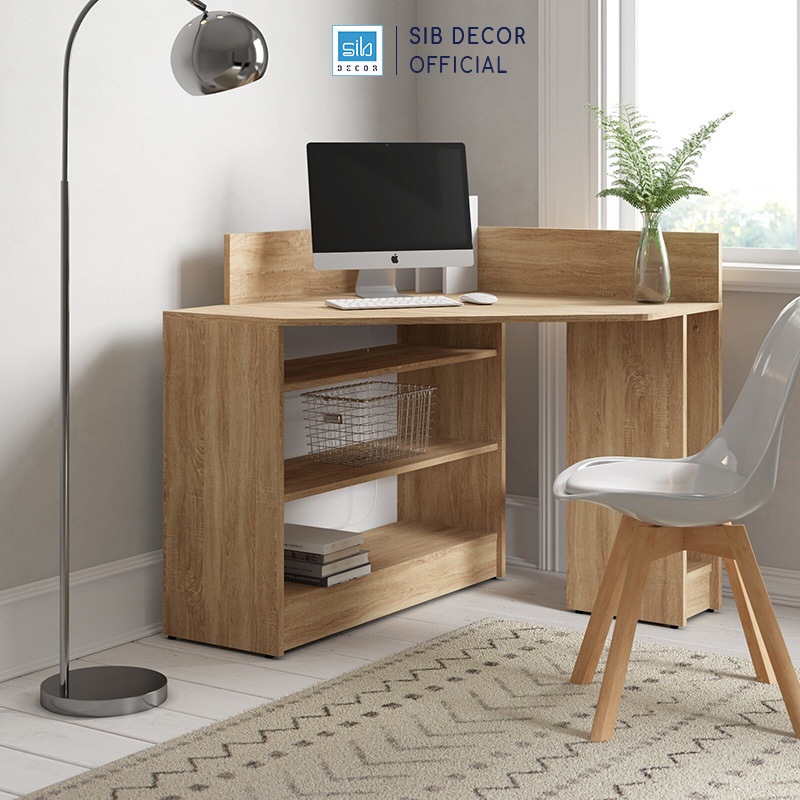 Bàn Làm Việc Góc Tường Màu Vân Gỗ Sồi Phối Trắng Đơn Giản Thương Hiệu SIB Decor BLV103