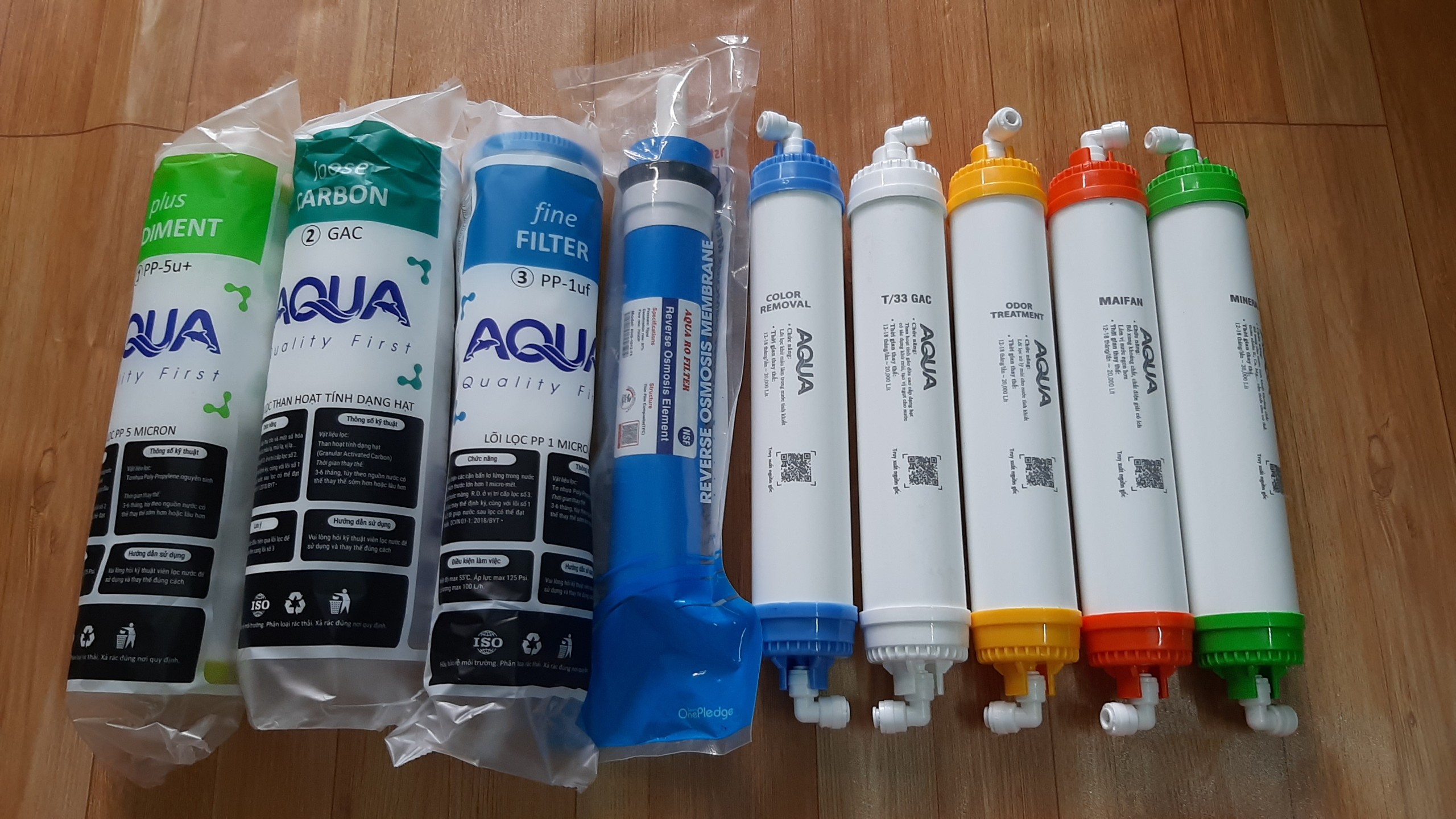 COMBO 9 LÕI LỌC AQUA TỪ 1 ĐẾN 9 .GỒM LÕI LỌC 123.MÀNG RO AQUA,LÕI KHOÁNG 56789