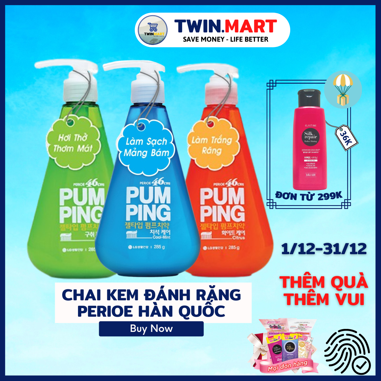 Kem Đánh Răng Perioe Pumping Hàn Quốc Cool Mint hương bạc hà - Herb hương thảo dược - Citrus hương cam 285g