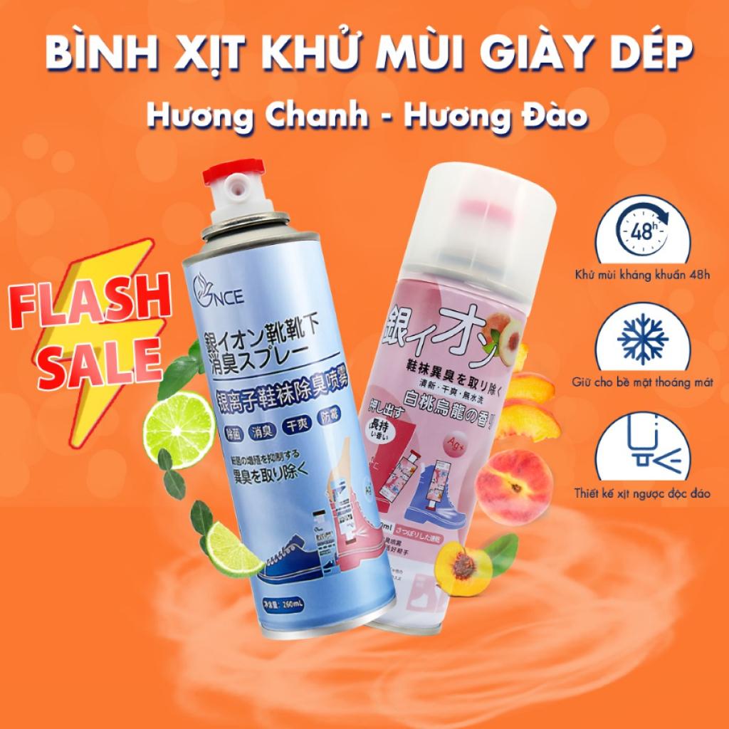 Chai xịt khử mùi nón, giày dép, tủ đồ nam nữ Nano Bạc diệt khuẩn, bình sịt hết mùi hôi chân, 260ml hương chanh và đào