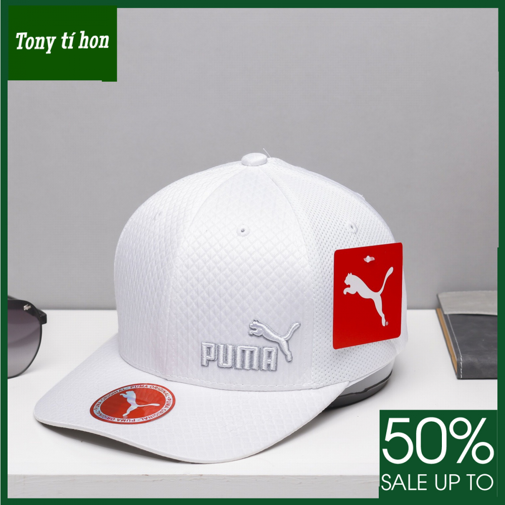 Tony tí hon - Mũ/nón kết lưỡi trai PM thêu logo bên, phối lưới, bít đuôi thời trang nam nữ cao cấp - màu trắng, logo cam đào / logo trắng
