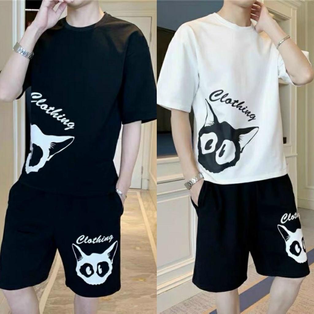 Bộ quần áo Mặc Nhà Thể Thao Nam Mùa Hè Phong Cách Cao Cấp IN CÚ MÈO, Bộ Đồ Ngủ Áo Tay Ngắn Phối Quần short Vải cotton In Hoạt Hình Thời Trang Mùa Hè