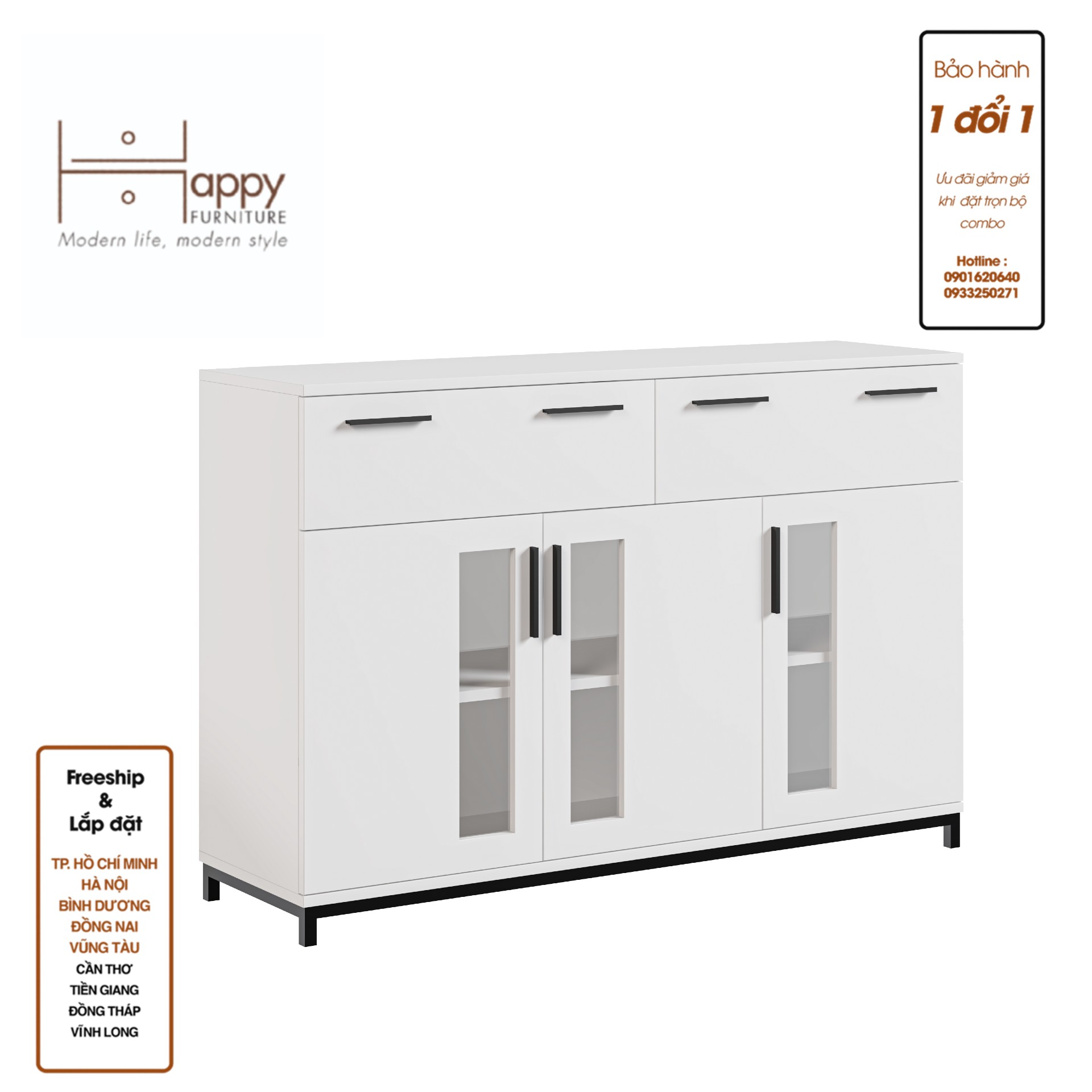 [Happy Home Furniture] LOUIS , Tủ lưu trữ 2 ngăn kéo 3 cửa mở - chân sắt , 126cm x 36cm x 84cm ( DxRxC), THK_059