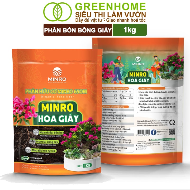 Phân Bón Hoa Giấy Greenhome, Minro, Bao 1kg, Hữu Cơ, Cứng Thân, Tạo Tán, Ra Bông Nhiều, Lâu Tàn
