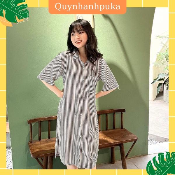 Đầm sơ mi sọc dáng suông tay lỡ, chất thô, váy sơmi ulzzang suông dài oversize hàng Quảng Châu, Quynhanhpuka