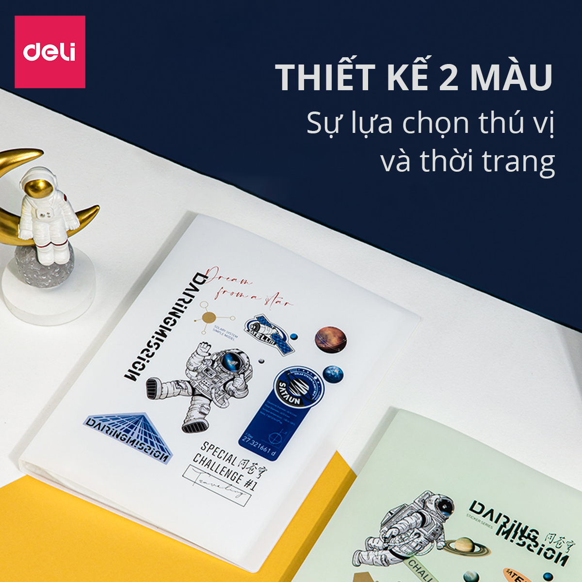 File lá học sinh sinh viên văn phòng khổ A4 Deli - 30/40 lá - Chất liệu nhựa PP cao cấp họa tiết phi hành gia độc đáo xinh xắn - 72665 / 72666