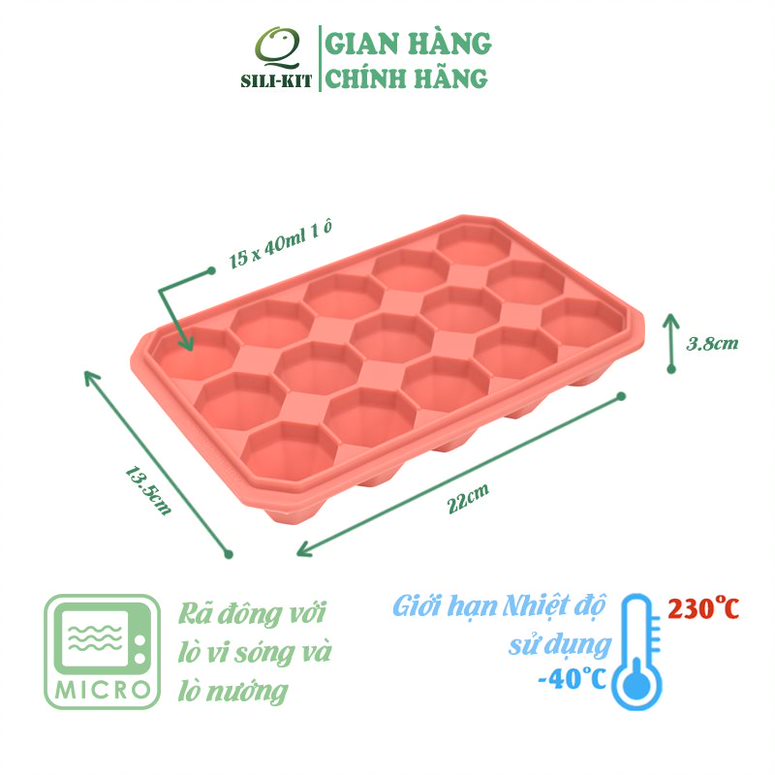 Khay làm đá silicone có nắp QSILIKIT 15 ngăn hình kim cương, hộp trữ đông thực phẩm an toàn