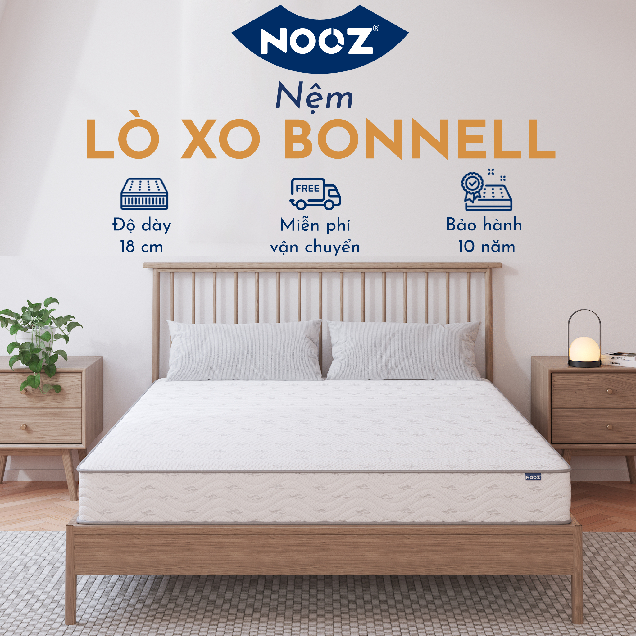 Nệm Foam Lò Xo Bonnell 18cm NOOZ Home Goods Mattress lò xo liên kết cùng tầng cao su non nâng đỡ