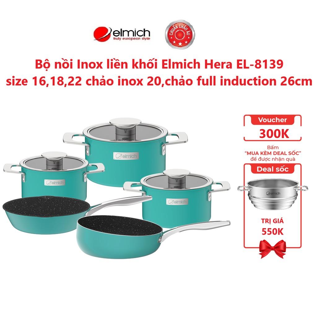 Bộ nồi Inox liền khối Elmich Hera size 16,18,22 chảo inox 20,chảo full induction 26cm( Màu : Xanh/ Tím/ Vàng)