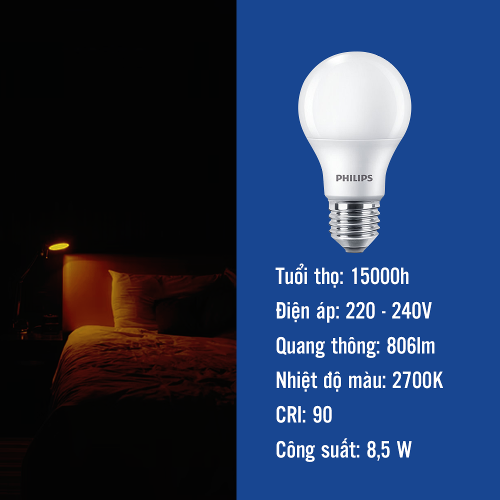 Bóng Philips Ledbulb 8.5-60W E27 A60 FR DIM - Màu ánh sáng ( vàng 2700K)