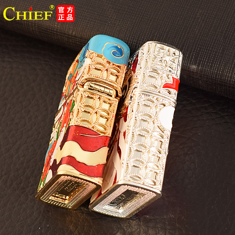 Hộp quẹt Chief đồng nguyên chất chủ đề Đầu Lân khảm men, hàng cao cấp vỏ bằng đồng