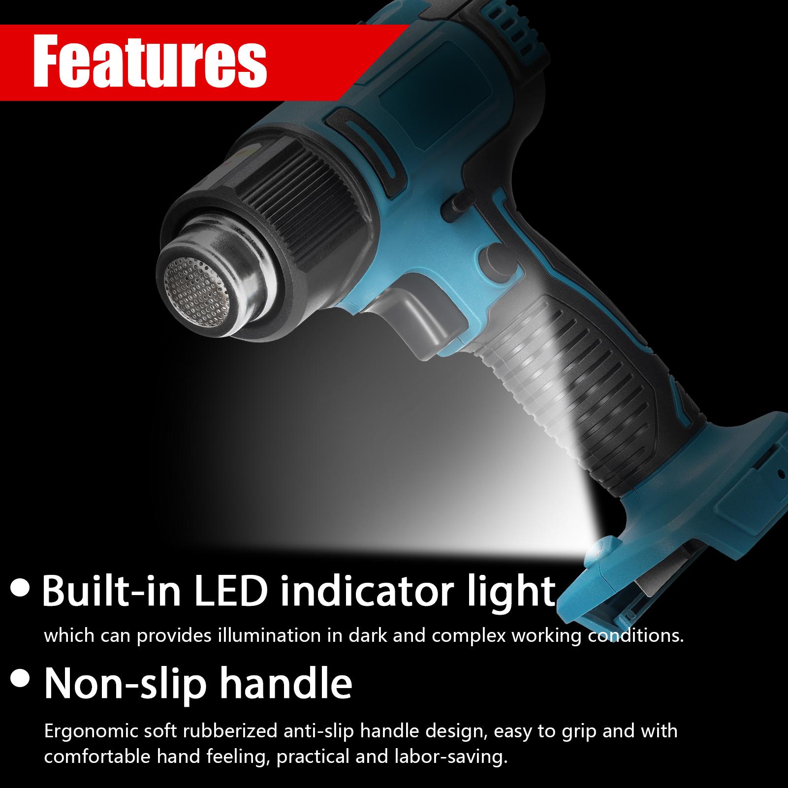 Cordless Handheld Hot Air Machine Digital Display Lithium Rechargeable Heating Equipment 50-300℃ Temperature Adjustable Power Tool with 4 Nozzles Compatible with Makita Lithium Battery