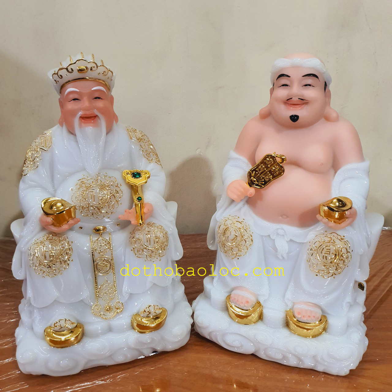 Cặp tượng thần tài ông địa đá cao cấp nhập khẩu Đài Loan màu trắng cao 25cm