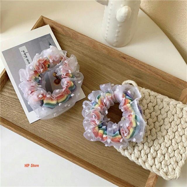 Cột Tóc Cầu Vồng Scrunchies Vải Ren Chấm Bi Phồng To