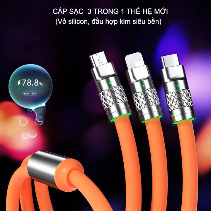 Cáp sạc đa năng thế hệ mới 3 in 1, lõi đồng, vỏ silicon, đầu bằng hợp kim rất bền, dài 1.5m