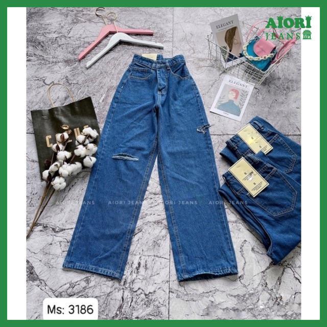 Quần Jeans Nữ, Quần Bò Nữ Aiori Ống Rộng Lưng Cao Trơn Rách Gối Bò Suông Phong Cách Thời Trang Hàn Quốc_Mã 3186