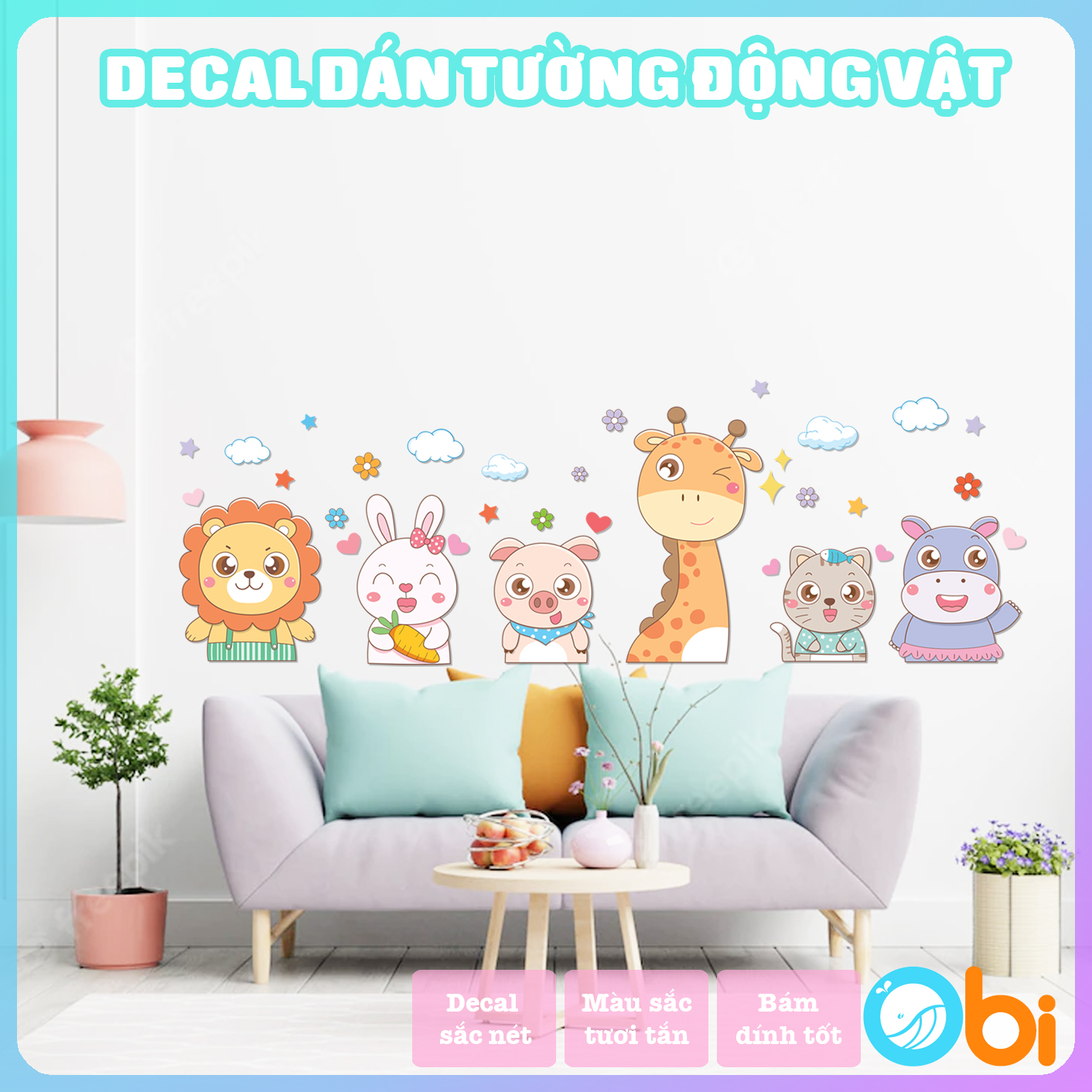 Decal dán tường cho bé - Decal động vật vui vẻ Obi shop