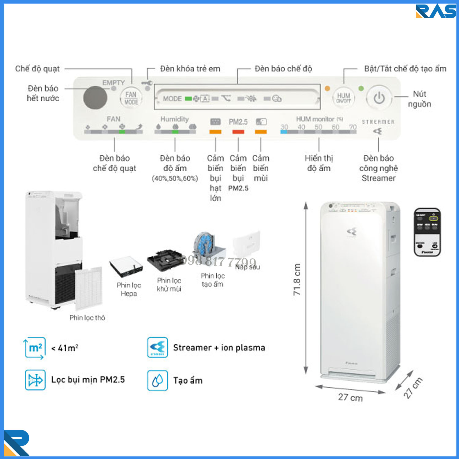 Máy Lọc Không Khí Daikin Cao Cấp MCK55TVM6 Dành Cho Phòng 4m2 - Hàng Chính Hãng