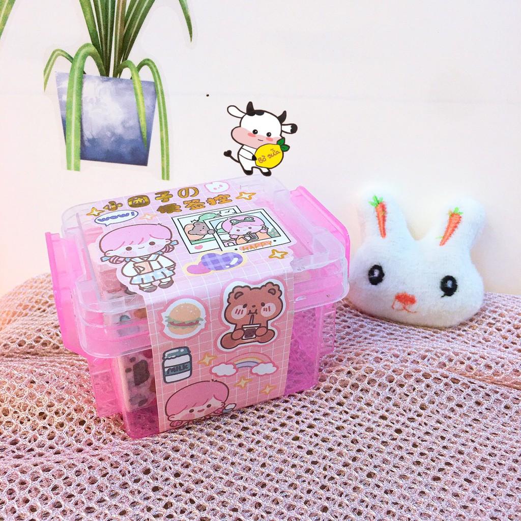 Set Hộp Nhựa Đựng Washi Tape Và Sticker Cute Đáng Yêu Gồm Nhiều Miếng Stickers Hình Cô Bé Gồm 30 Stickers 3 Cuộn Washi