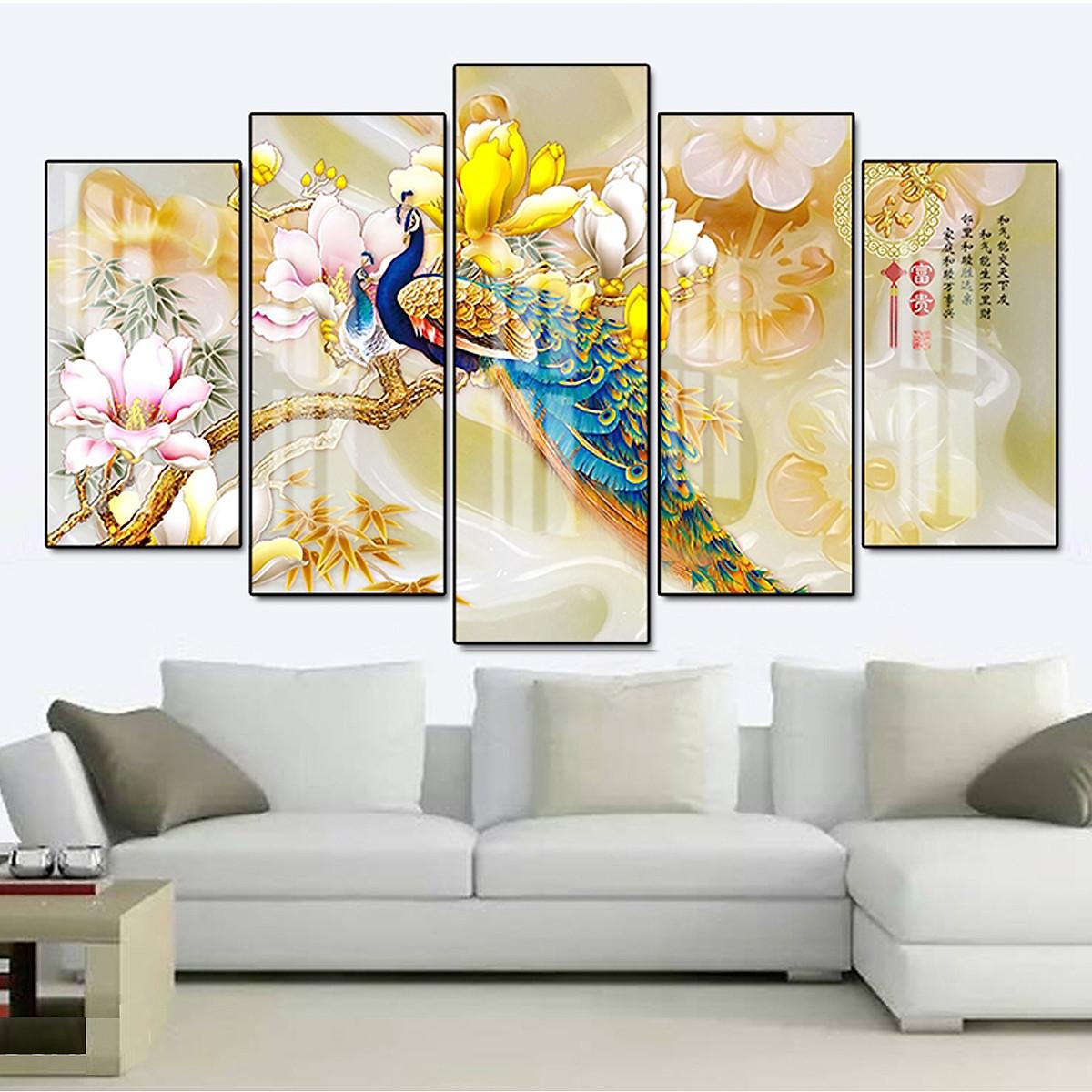 Tranh Tráng Gương Treo Tường Hiện Đại _ Tranh Bộ 5 Chim Công Nghệ Thuật Đẹp
