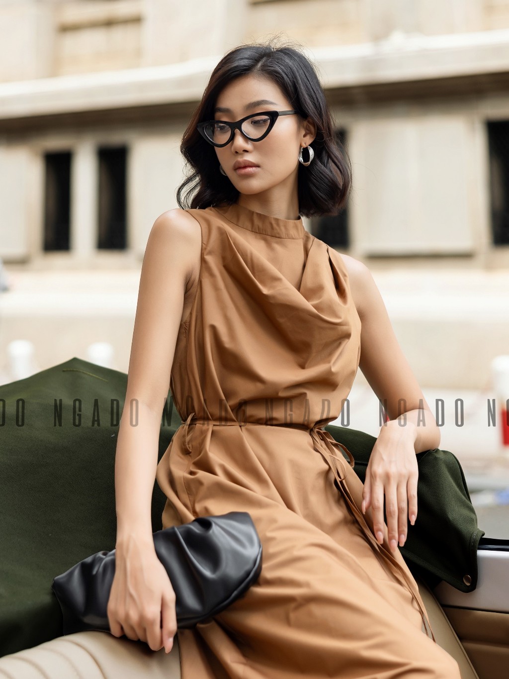Đầm nâu cổ đổ NGADO, Đầm nữ sát nách cột eo, Đầm vintage