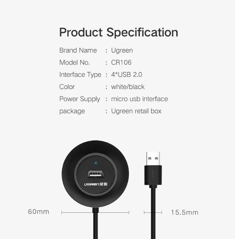 Ugreen UG20275CR106TK 1M màu Đen Bộ chia HUB USB 2.0 sang 4 USB 2.0 hỗ trợ OTG 3.0 - HÀNG CHÍNH HÃNG