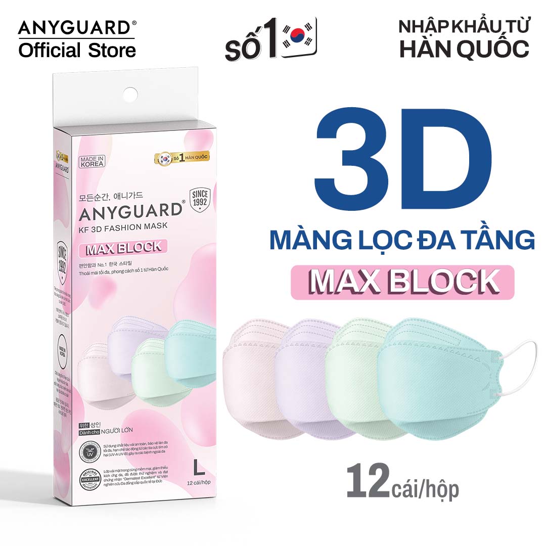 Khẩu Trang Nhập Khẩu Hàn Quốc ANYGUARD, Khẩu Trang KF 3D Fashion 4 Lớp Ngăn Tia UV, Lọc Bụi Mịn, An Toàn Cho Da Nhạy Cảm, Màu Pastel