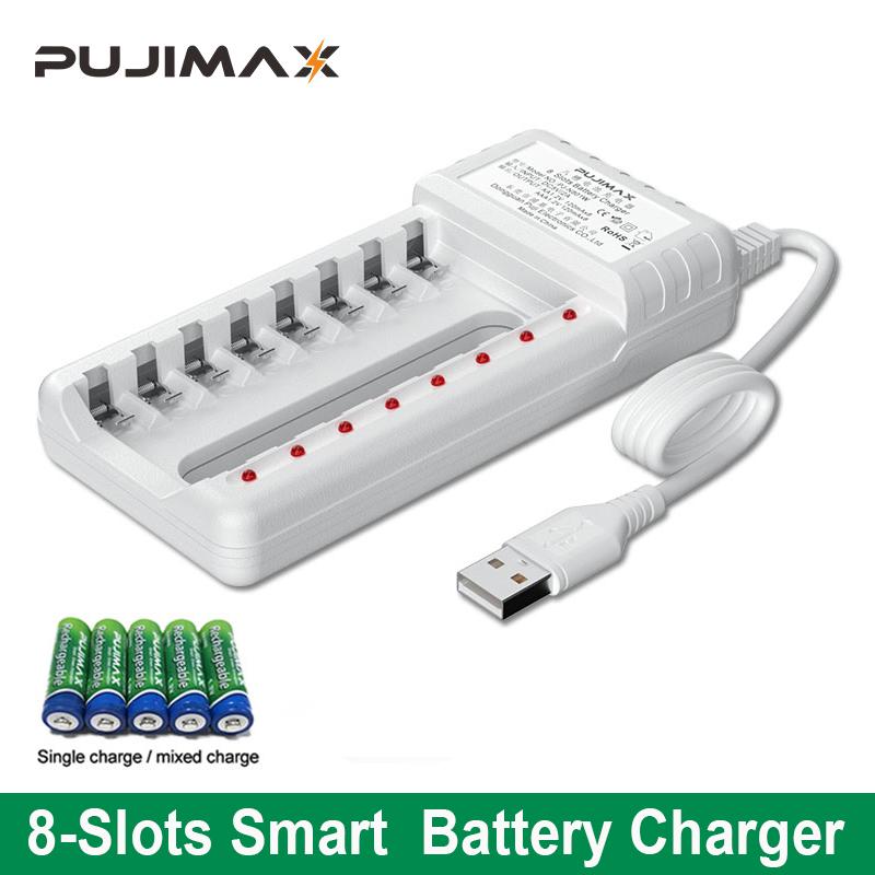 Pujimax sạc pin sạc đầu ra USB 8 khe bảo vệ ngắn mạch sạc nhanh phù hợp với công cụ pin AAA/AA Màu sắc: Trắng