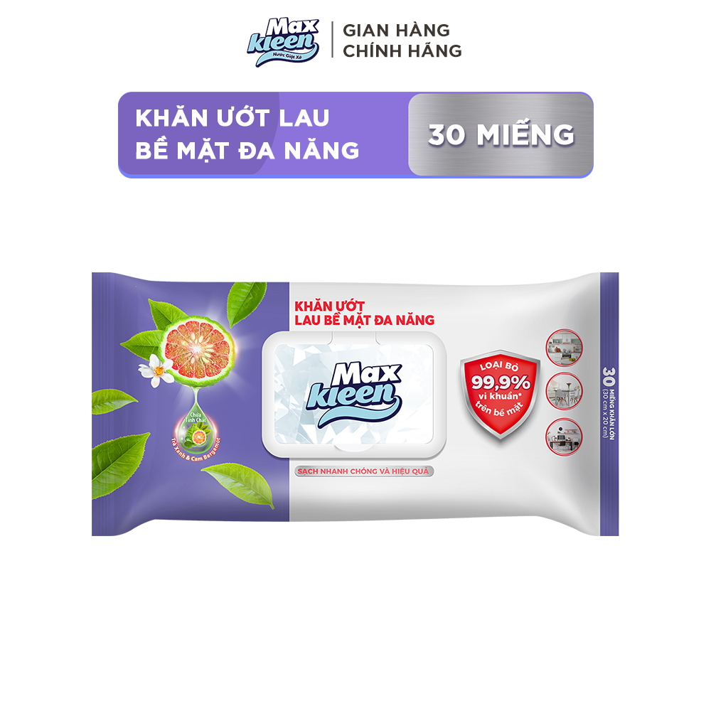 Khăn Ướt Lau Bề Mặt Đa Năng MaxKleen Loại Bỏ 99.9% Vi Khuẩn Hương Trà Xanh & Cam Bergamot 30 Miếng/Gói