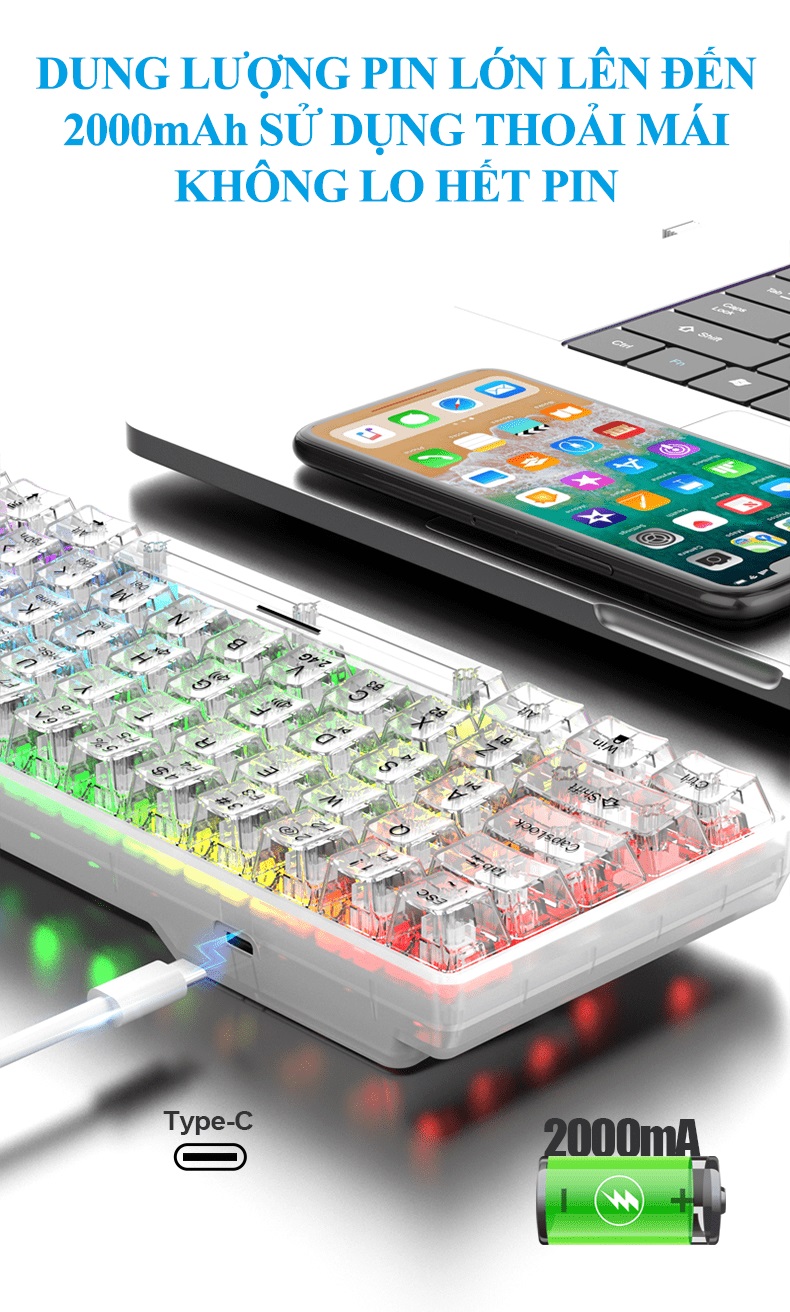 Bàn phím cơ không dây chuyên game XUNFOX K30PRO thiết kế trong suốt mới lạ kết nối 3 chế độ với 20 chế độ đèn led RGB 16.8 triệu màu cực đẹp - HN - HÀNG CHÍNH HÃNG