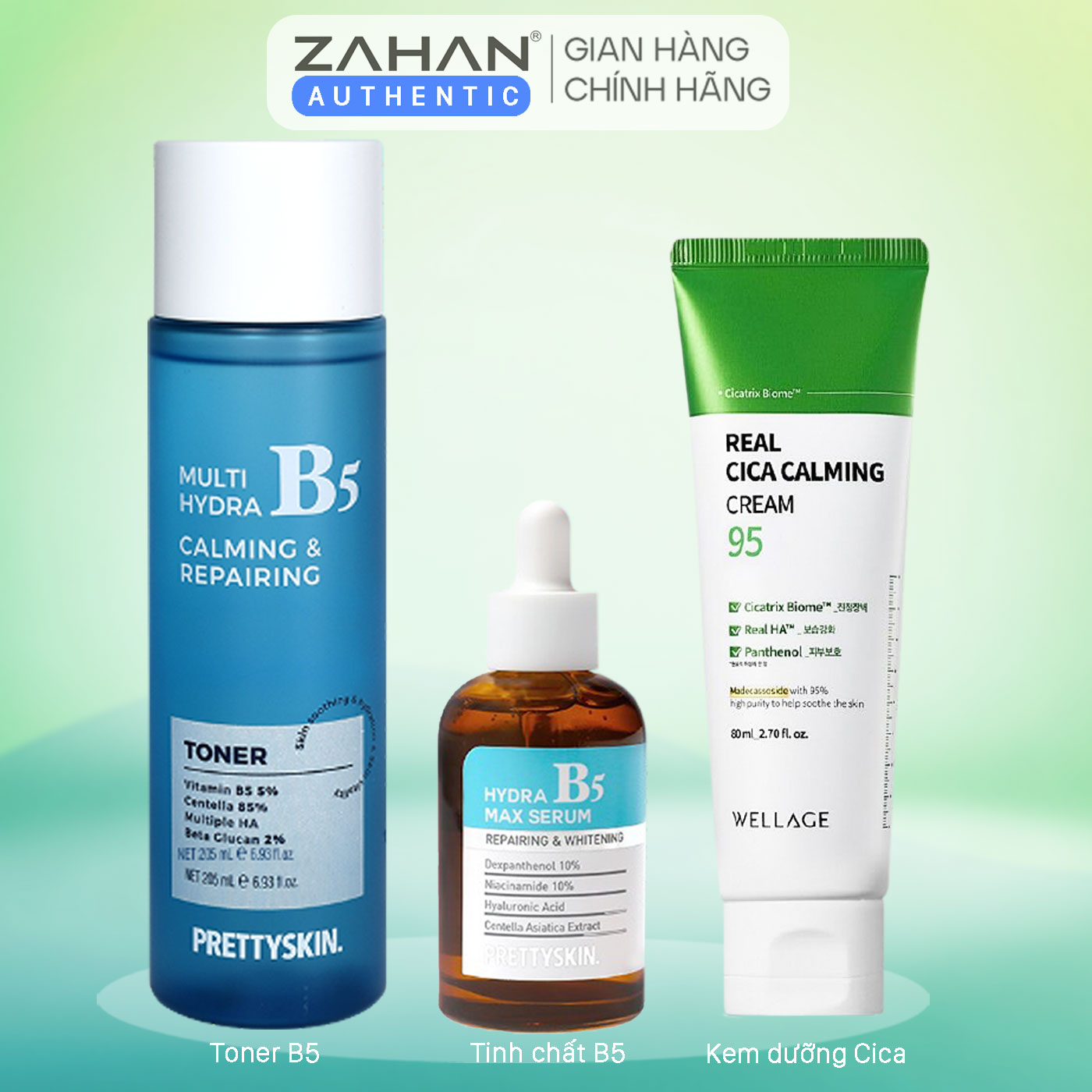 Combo nước hoa hồng Multi Hydra B5 Calming &amp; Repairing Toner, tinh chất Hydra B5 Max Serum Prettyskin, Kem dưỡng REAL CICA CALMING 95 CREAM