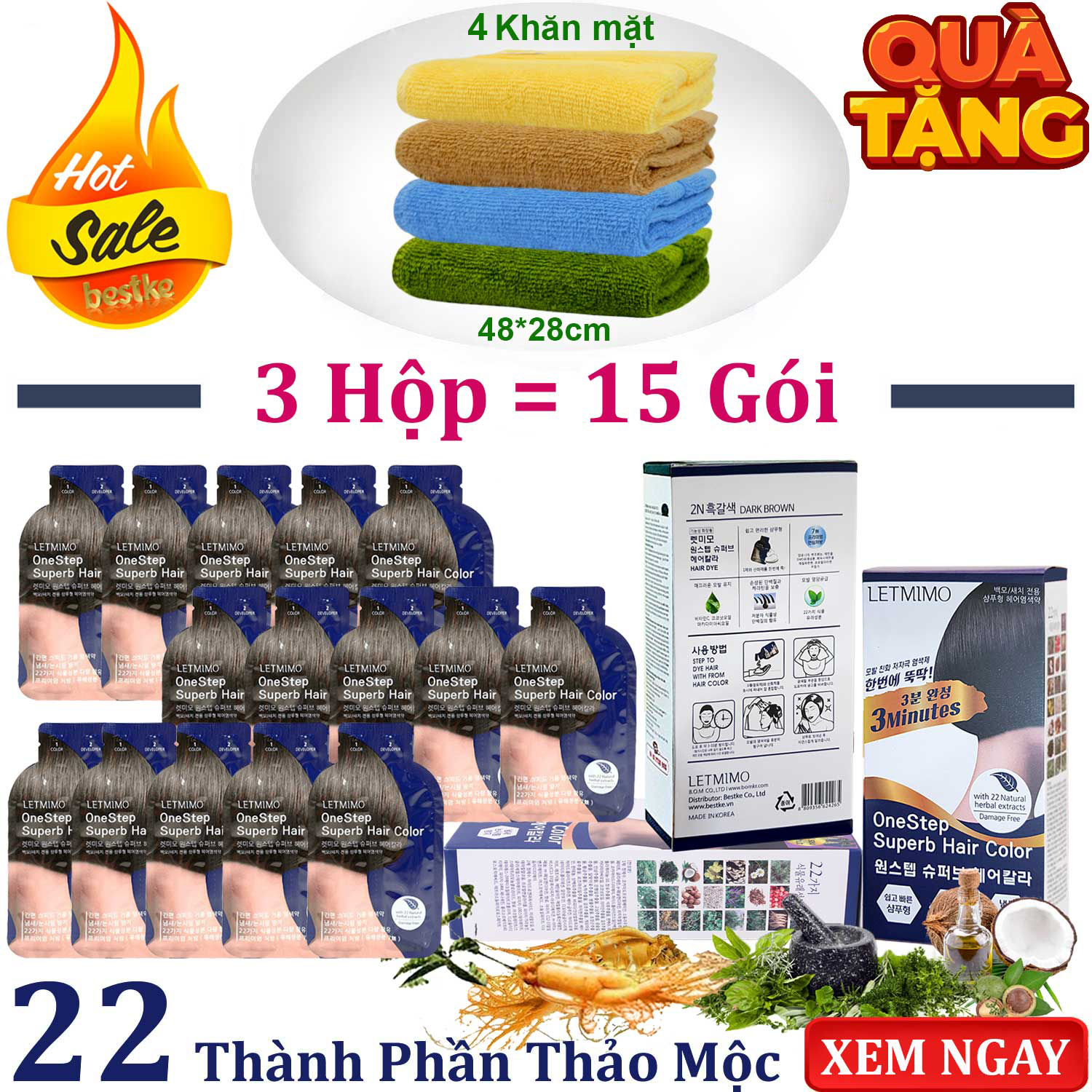 Combo 3 Hộp thuốc Nhuộm Tóc phủ bạc LETMIMO màu Nâu Đen_2N + QUÀ TẶNG 4 khăn mặt bestke 48*28cm