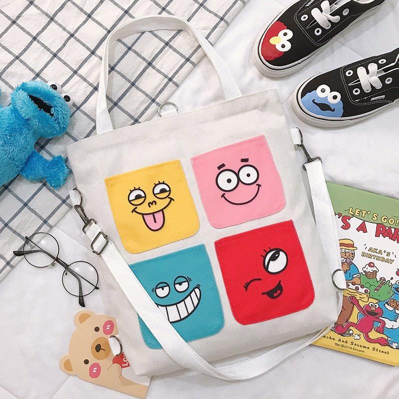 Túi đeo chéo SAM CLO bag canvas thời trang Hàn Quốc ULZZANG kèm phụ kiện, đựng sách, đi chơi, đi học ICON MẶT CƯỜI