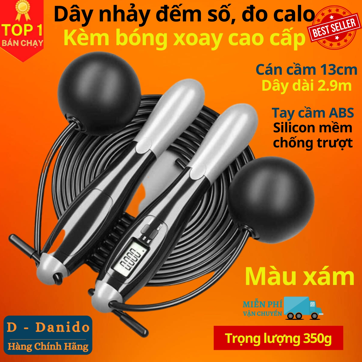 Dây Nhảy Đếm Số, Đo Calo, Khoảng Cách Chính Hãng Kèm Bóng Xoay Cho Người Mới Bắt Đầu Tập, Hàng Cao Cấp - Xám Kèm Bóng Tập