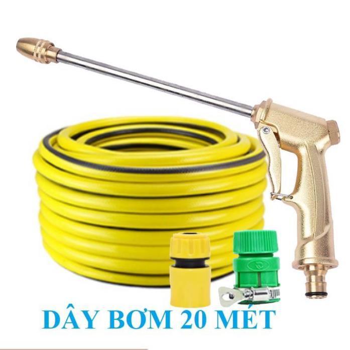Bộ dây vòi xịt nước rửa xe, tưới cây . tăng áp 3 lần, loại 20m 206701-3 đầu đồng, cút nối vàng