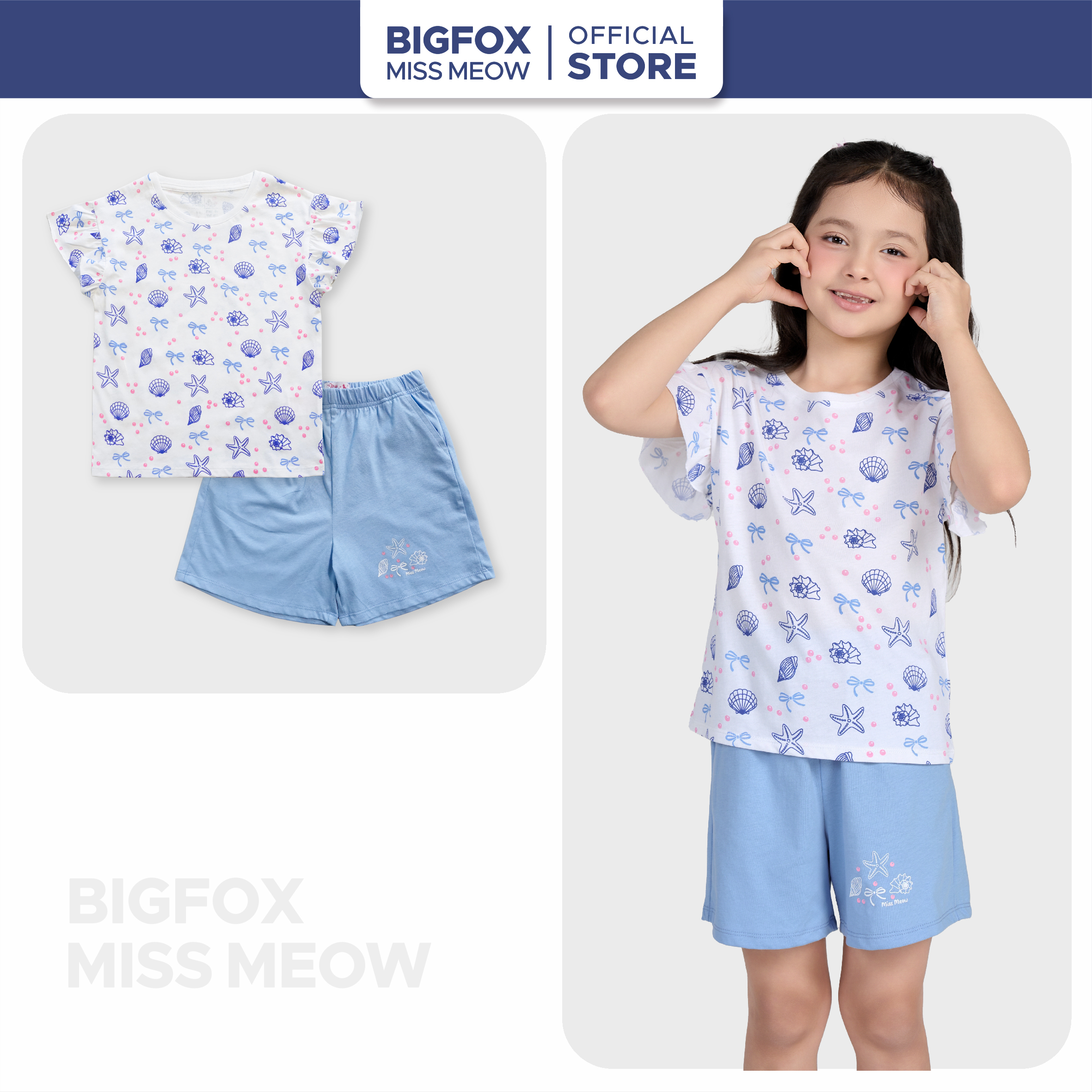 Bộ cộc tay bé gái size đại Bigfox Miss Meow mặc nhà mùa hè quần đùi vải cotton cỡ trẻ em 3-11 tuổi