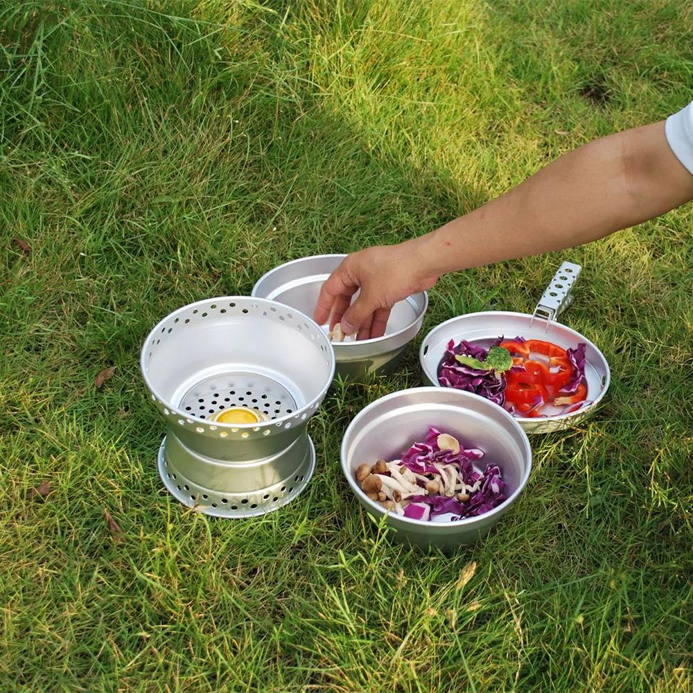 Aluminum Alloy Camping Alcohol Stoves Kit Portable Picnic BBQ Furnace Windproof Alcohol Stoves Outdoor Cooking Furnace Bowl Pot Accessory Set