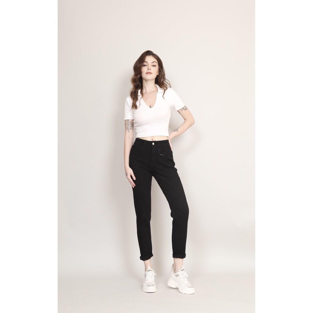 Quần jean nữ boyfriend baggy đen trắng trơn co giãn CT JEANS