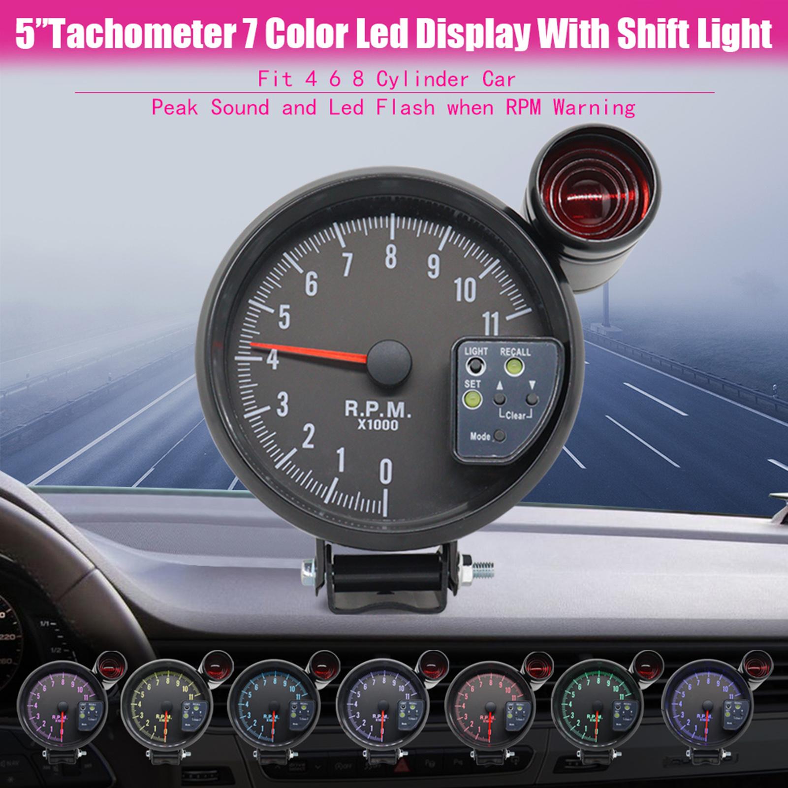 5 Inch Tachometer Gauge Black 7 Colors Backlight with Shift Light Peak Sound LED Flash When RPM Warning