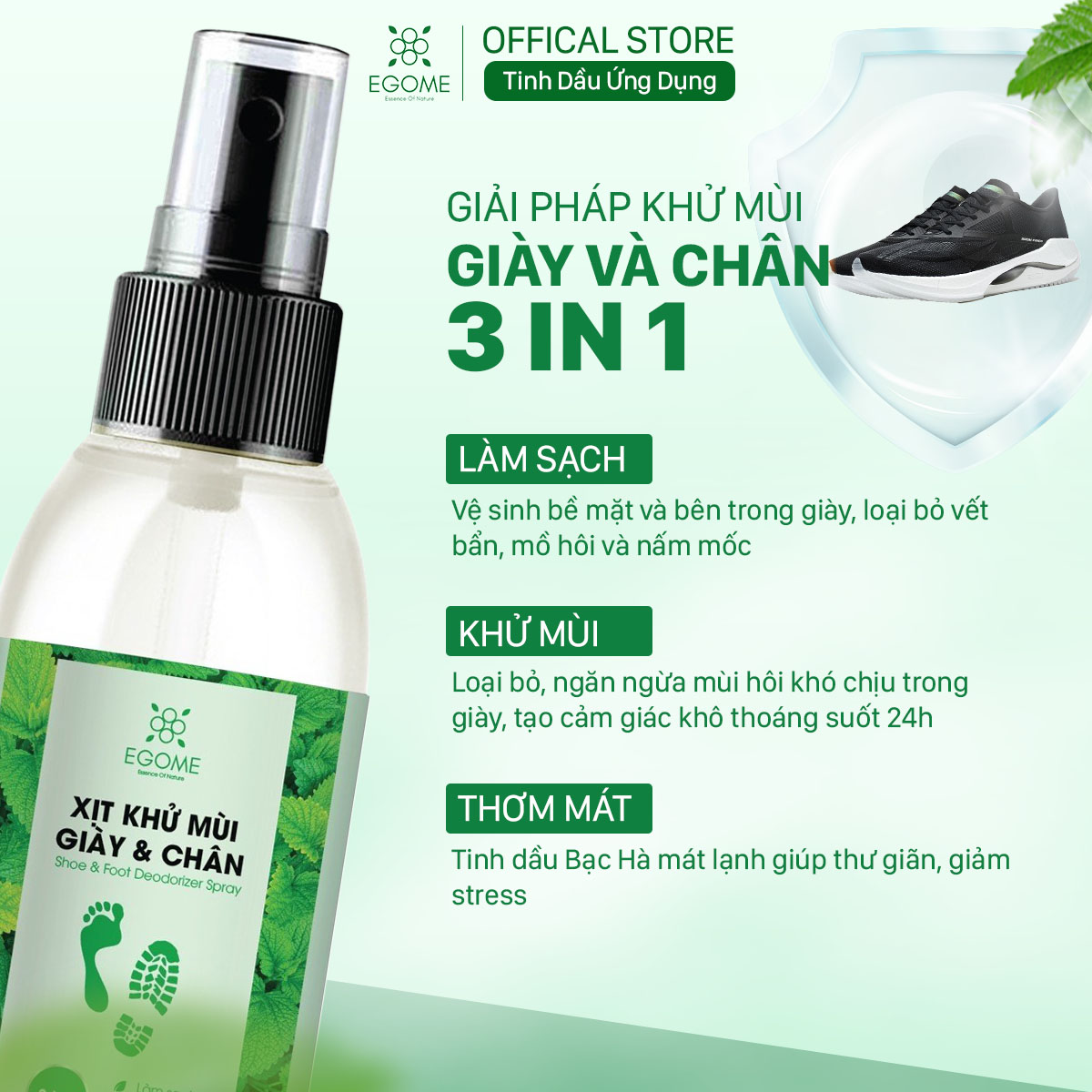 Xịt Khử Mùi Giày Và Chân Egome Tinh Dầu Bạc Hà làm sạch và thơm mát 100ml