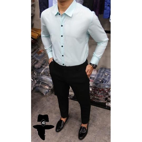 Sơ mi nam màu Xanh nhạt Vải Cotton Lụa Mềm mại