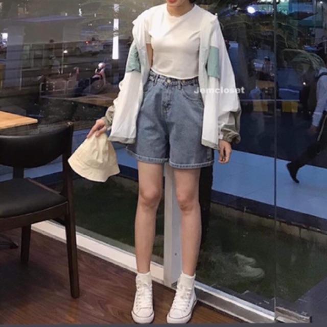 Quần ngố jean ống rộng hai đai, kèm ảnh thật